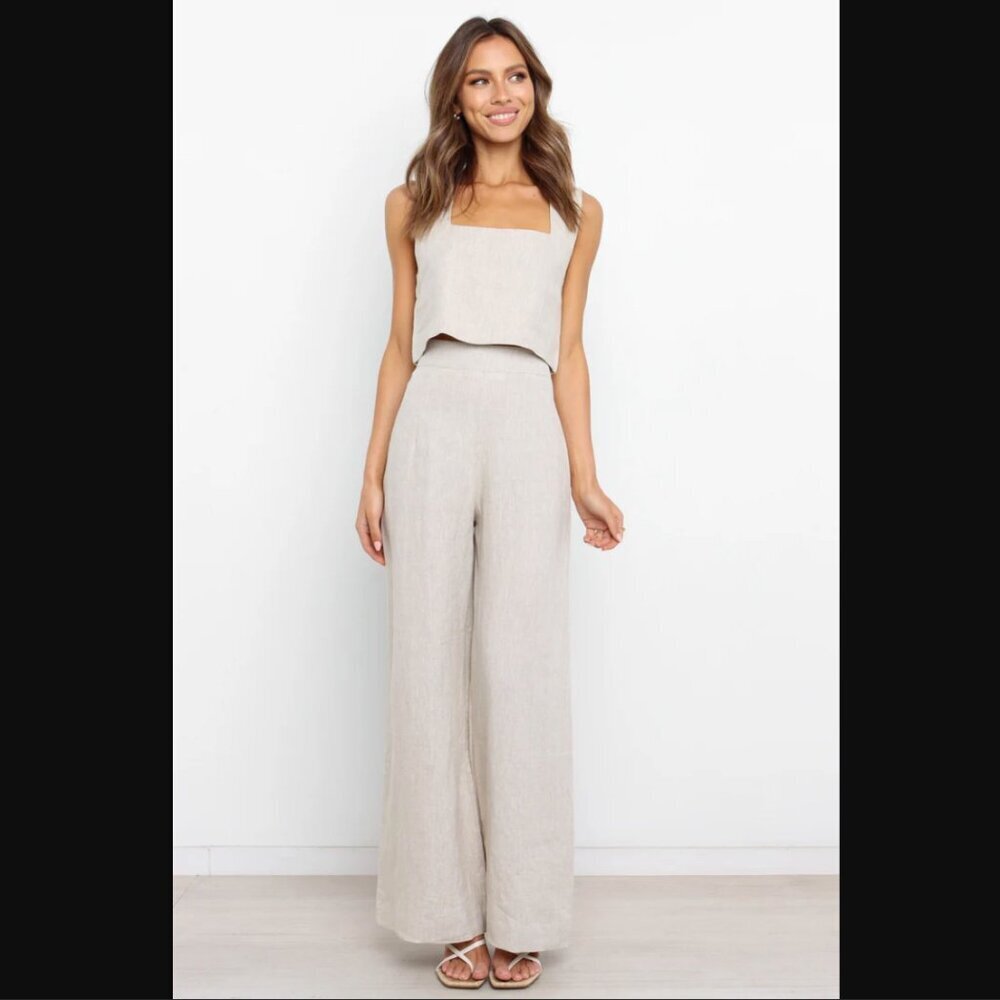 Petal & Pup Devlin Beige Square Neck Cropped Linen Top 4 - Picture 7 of 16